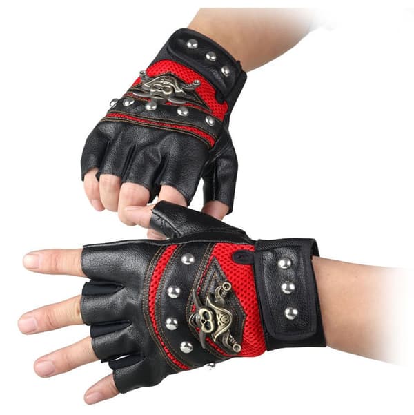 Herr Retro Ægte Læder Kaptajn Fingerløse Cykelhandsker Steampunk Gotiske Handsker (Rød)