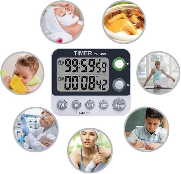 Dubbel Digital Kökstimer, Justerbar Volymtimer, Kökstimer, Stoppur, Stor LCD-Skärm/Timer för Möten/Klass 9.2*8*2.1cm (FMY)