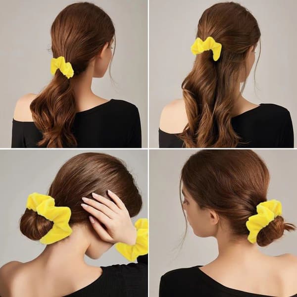 Sæt med 2 store bløde elastiske fløjls-scrunchies til søvn, ingen mærker, anti-frizz (gul)
