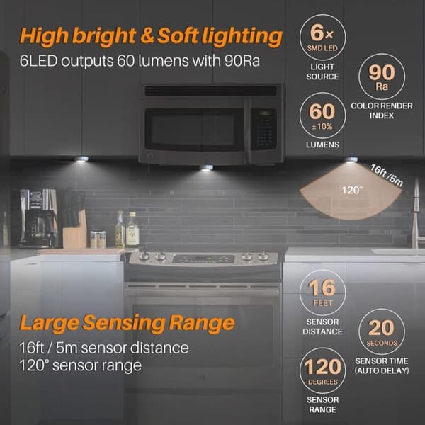 3-pack Motion Sensor LED Stick-on Lights for Cabinets, Stairs, Wardrobes, Kitchen - Cool White, Battery Powered
