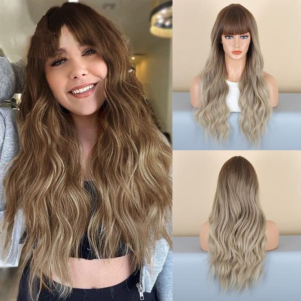Syntetisk parykk med naturlig brun gradient og lugg