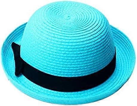 Stråhatte, 1. Strå Sommer Solhat Sommermode Kvinder Bowler Hat Strand Solhat til Kvinder Sommerstrand (Himmelblå)