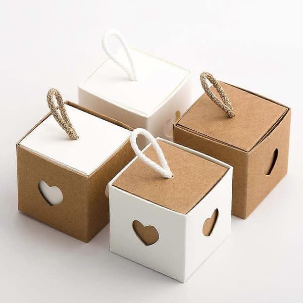 50-pack Kraftpapper Godisbox, Presentbox i Papper, Hjärtformade Presentaskar, 5,5 x 5,5 x 5,5 cm Vikbar Presentbox i Kraftpapper