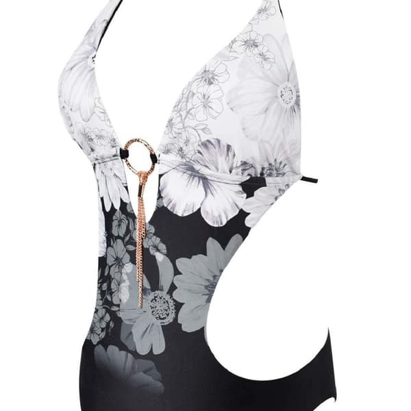 One-piece swimsuit with V-neck, halterneck and cut-out triangles