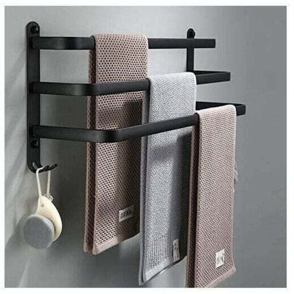 Black Towel Rack for Bathroom - Wall Mounted Self-Adhesive Towel Bar - Waterproof with Hook (50cm, Three Bars)