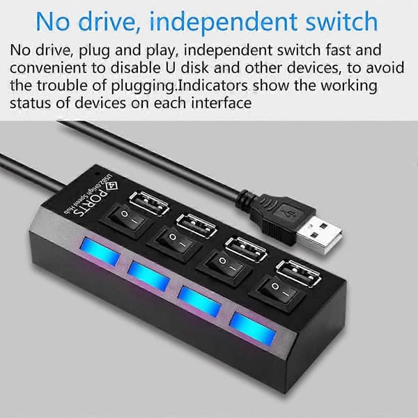 4-Port 2.0 USB Hub with LED Lights and Individual Switches for Windows, MacOS White White