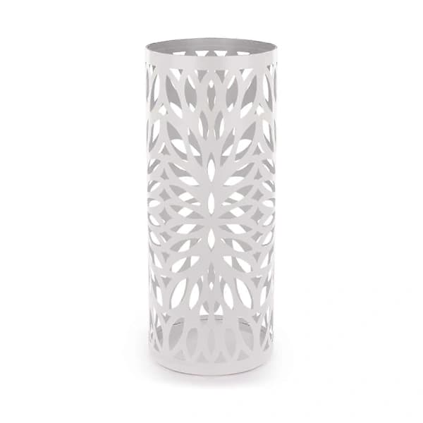 Modern White Metal Umbrella Stand with 4 Hooks & Removable Drip Tray