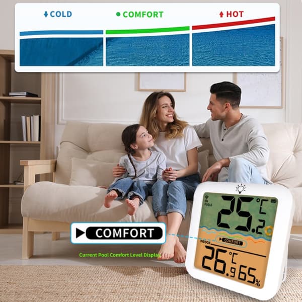 Wireless Pool Thermometer with Remote LCD and Indoor Temp and Humidity Display for Pool and Spa, IP68, 100m Range, 76-inch Screen, USB or Battery