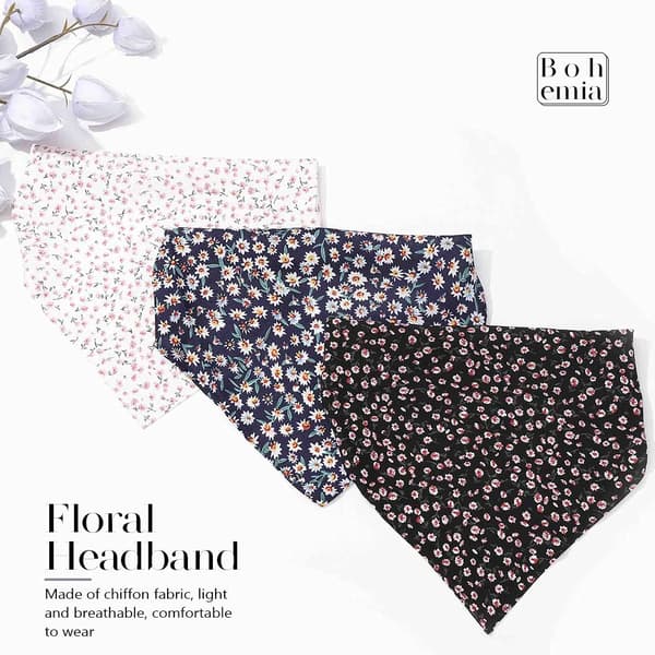 3 stk. blomstrede hovedtørklæder, pandebånd i chiffon med elastisk hovedbånd