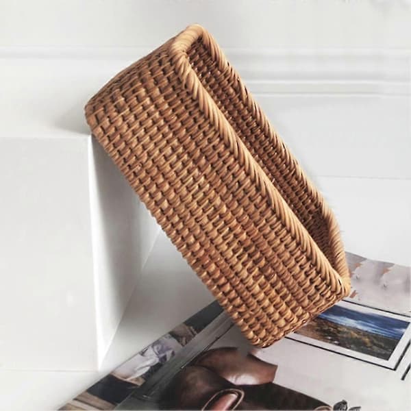 Handwoven Rectangular Rattan Basket, Fruit Tea Snacks Bread Picnic Cosmetic Storage Box Kitchen