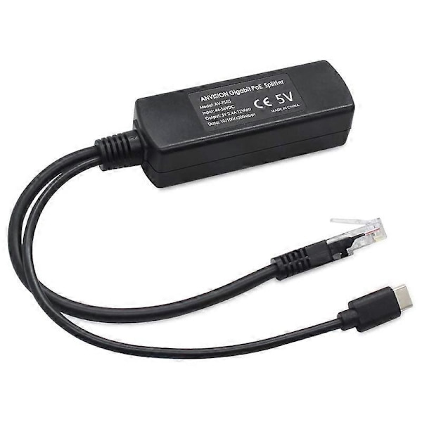 2-pack 5V Gigabit PoE Splitter, USB Typ C, 48V till 5V 2.4A Adapter, IEEE 802.3Af Kompatibel LGL Black