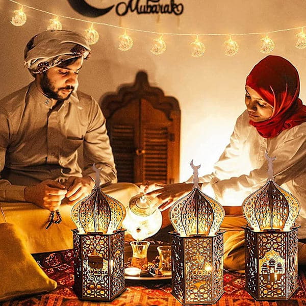 3 stk DIY Ramadan Trelamper Dekorasjoner, Mubarak Ramadan LED-lampe for Ramadan Dekorasjoner