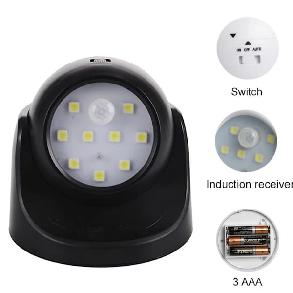 360° roterende LED-lampe med infrarød bevegelsessensor, liten