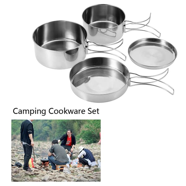 4 dele bærbart køkkengrej i rustfrit stål til camping, picnic, udendørs, gryde, stegepande, tallerken, bestik