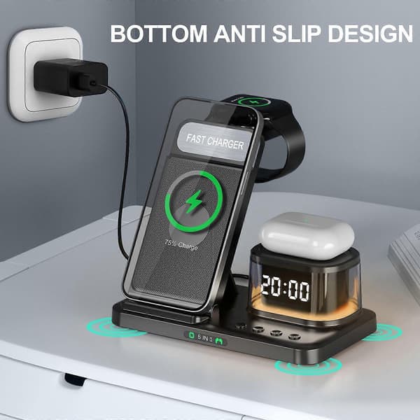 Wireless Charging Station with Digital Alarm Clock, Multi-Device Charging Station, 15W Wireless Charger, Stand for IOS and Android