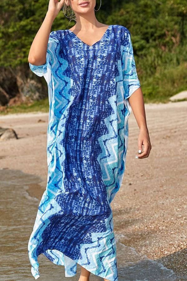 Trykt Kaftan Maxi Strandkjole for Kvinner, One Size