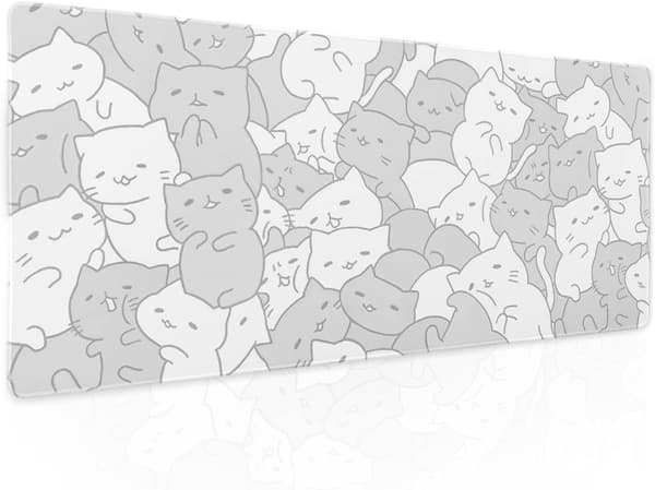 Hvit Katte Spillmusematte XL Søt Utvidet Stor Skrivebordsmatte Sklisikker Gummibase 80x30 cm