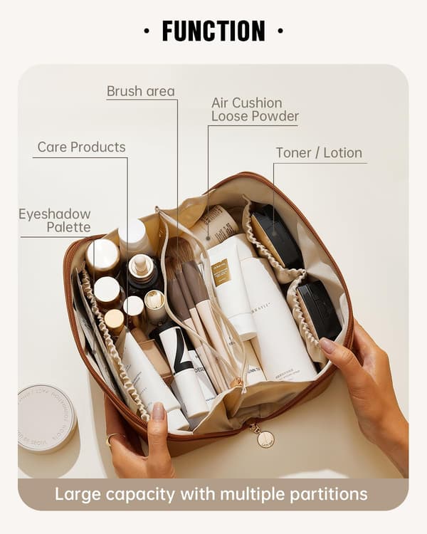 Large Cosmetic Bag for Women, Waterproof Portable Bag, Flat Open Bag