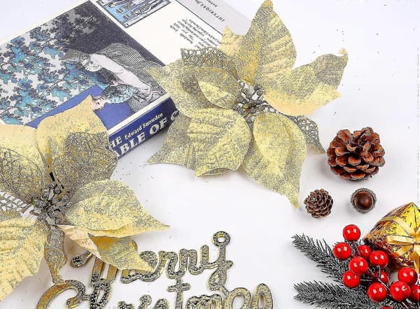 12 Stykker Kunstige Juleblomster Julestjerne Glitterpynt Glitrende Juleblomster Paljettblomster Jul