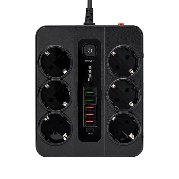 EU 6-vejs stikkontakt, 5 USB-porte, 1 USB-C-port Sort