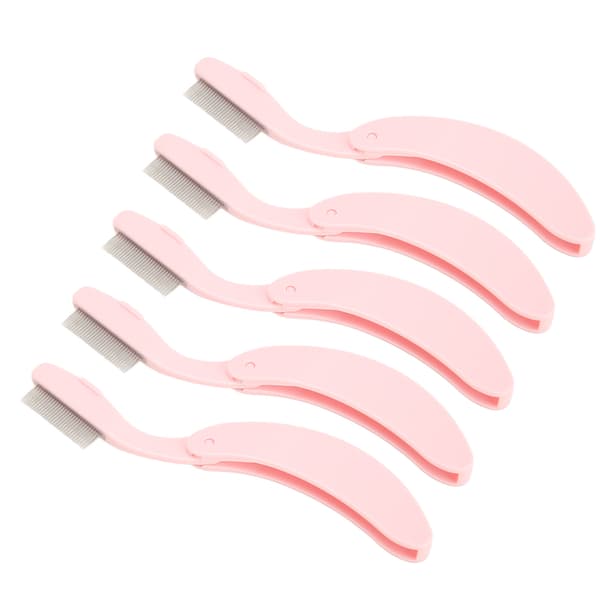 5 Pcs Curved Handle Eyelash Comb Stainless Steel Foldable Eyelash Comb Tool for Makeup Pink