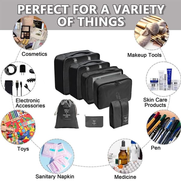 290T Double-Sided Twill Fabric, 7-Piece Storage Bag Set, Travel Black