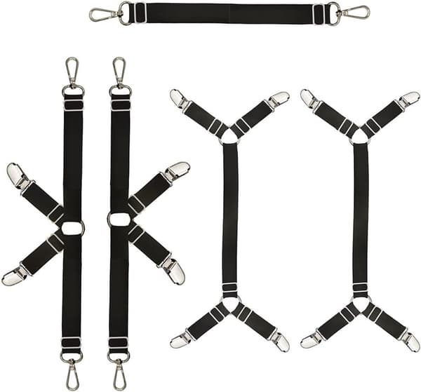 Lagenstrammere, lagenholdere, dynebetrækclips, justerbar elastik, sort, 2,5 cm