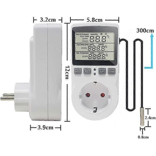 1 stk. 230 V temperaturkontrolstik med sensor, digital termostatstik med timer, termostatstik med timerfunktion til drivhuse, akvarier, H