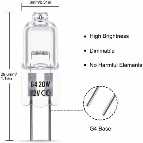 G4 12V 20W Halogen Bulb - Warm White 3000K - Brightness 350LM - Dimmable - 10-pack - 2000 Hour Lifespan