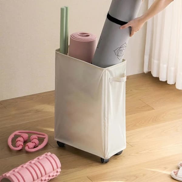 Laundry Basket with Wheels, Rolling Laundry Hamper Foldable Clothes Storage Cart Foldable Yoga Mats Storage Rack Slim Corner, A