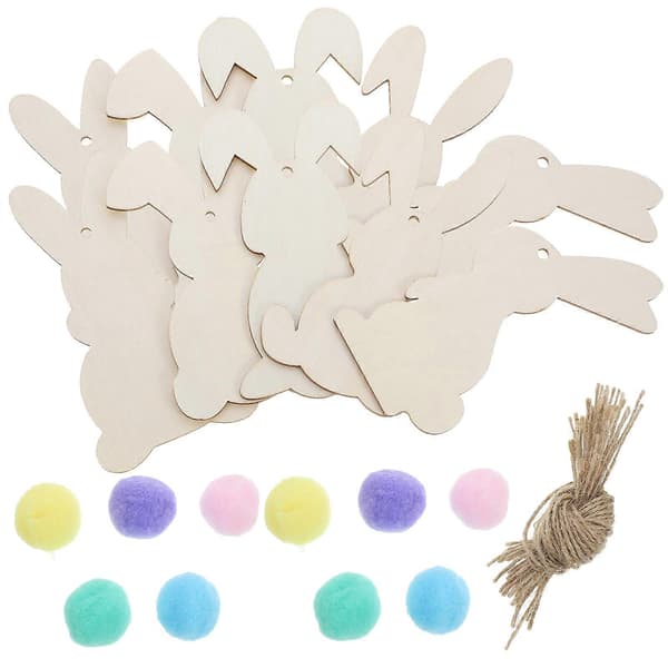 1 Set Unfinished Wooden Cutouts Easter Decorations Rabbit Shaped Cutout Wood Slices with Fluffy Balls