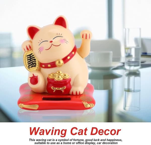 Solar Powered Lucky Cat Cute Waving Arm Cat Home Display Car Decor (Yellow)