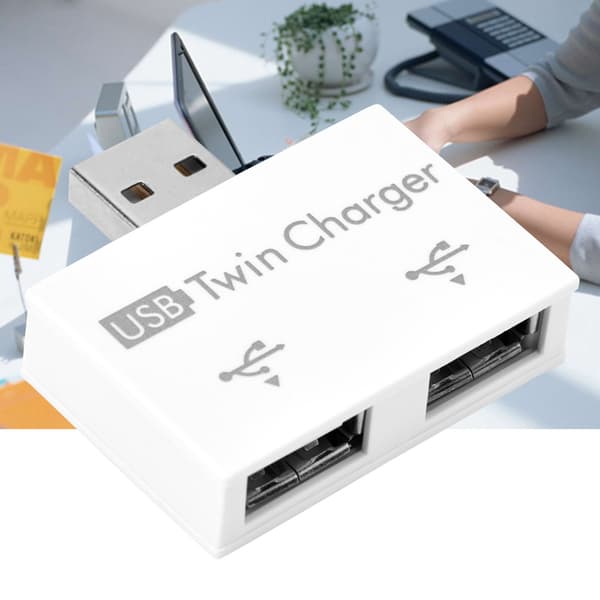 USB2.0 han til 2-ports USB dobbelt oplader splitter adapter konverter hub (hvid)