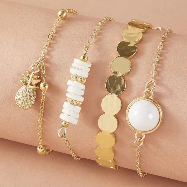 4 stk Gull Chic Armbånd / Bangle med Ananas, Kuler & Perler