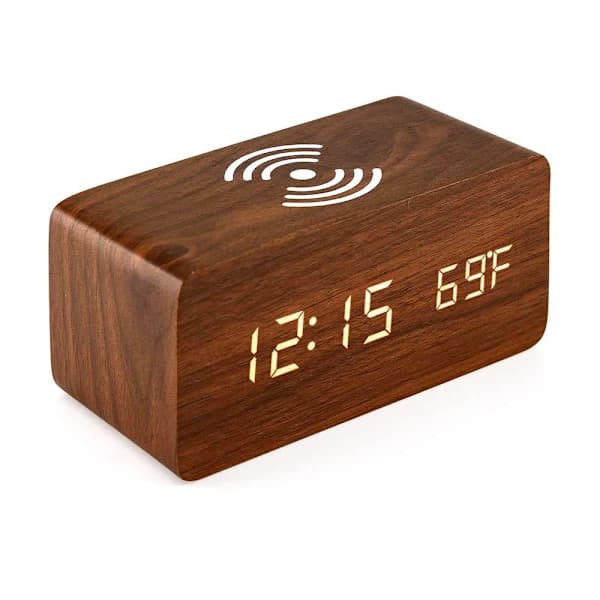 Wireless Digital Wooden Alarm Clock with Wireless Charging, 3 Alarms LED