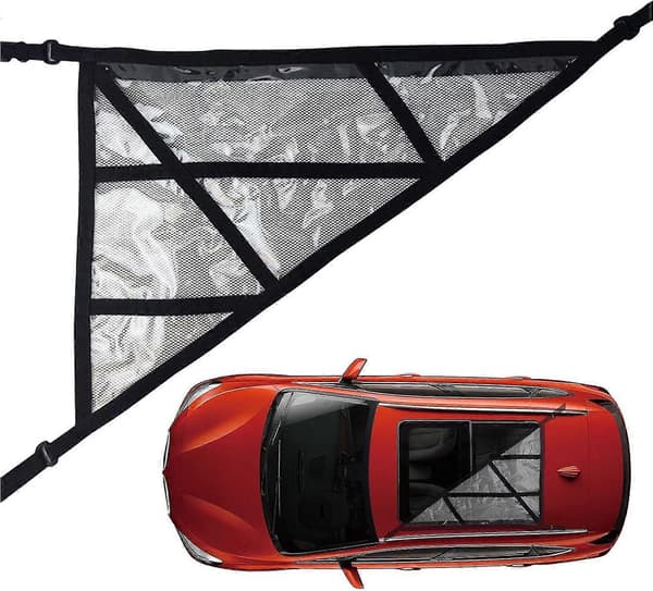 Roof Mounted Cargo Net - Triangular Car Roof Cargo Net - Adjustable Double Layer Mesh Roof Organizer Storage Bag