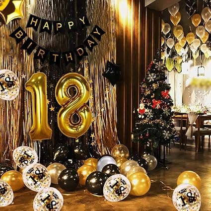 18 år svart gull bursdagsdekorasjon, gratulerer med dagen banner, h