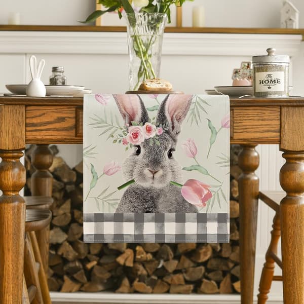 Easter Table Runner with Rabbit and Tulips, Seasonal Spring Tablecloth for Kitchen Table, Perfect for Home Decoration