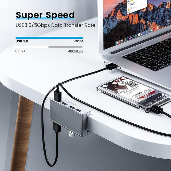 USB 3.0 Hub Clamp Adapter, 4 Port Aluminium USB Splitter med