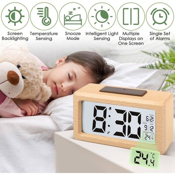 Wooden Digital Alarm Clock with LCD Display, Tick-Free Digital Clock with Date and Temperature Display, Battery Operated Alarm Clock with Snooze Function
