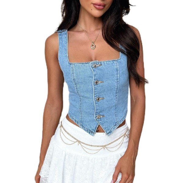 Women Fashion Denim Vest Sleeveless Boat Neck Button Down Crop Vest Jean Tank Top Slim Backless Smocking Vest