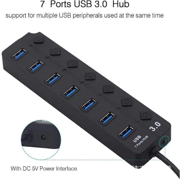 Powered USB Hub, Aluminum 7-Port USB 3.0 Hub with 5V/2A External Power Supply, Multi, A-FX-