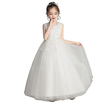 Brudtärneklänning för flickor, blomsterflicka, fest-/bröllopsklänning för barn, prinsessklänning i spets för bal (140 Vit)