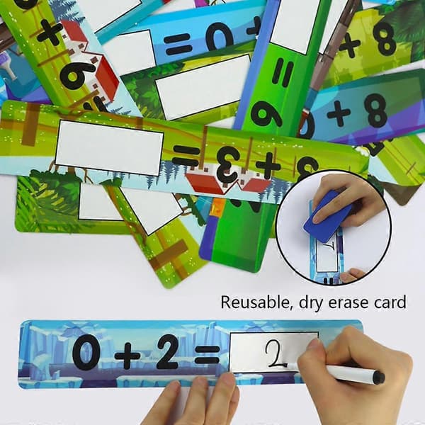 Matematik-træningstavle til addition og subtraktion, 50 dobbeltsidede genanvendelige kort (48 farvede + 2 tomme) til skolen