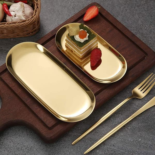 Guld bakke Oval bakke Rustfrit stål Metal opbevaringsbakke til snacks