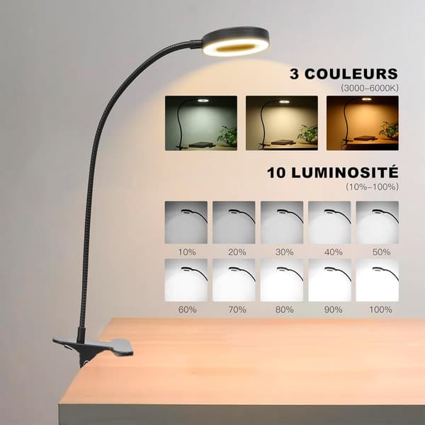 Klemme leselys, 3 farger 10 lysstyrker, 48 LED USB-skrivebordslampe