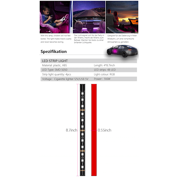 LED-strip LED-interiørbelysning bil, 4 LED-strips