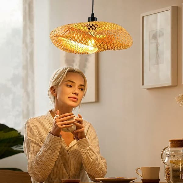 Retro Ceiling Lamp, Bamboo Hat Rattan Pendant Lamp 40Cm Weaving Bathroom Ceiling Lamp E27 Creative Ceiling Lighting For Dining Room Living Room