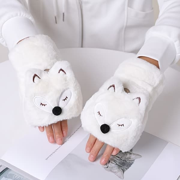 Ræveformede Fingerløse Handsker - Bløde, Behagelige, Varme, Kuldebestandige, Håndvaskbare, Blanding af Polyester og Spandex, Broderede [DB] Hvid White