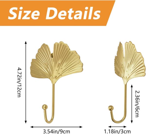 4 Hooks Decorative Leaf-Shaped Iron Hooks Ginkgo Leaf Wall Hooks Key Hooks Simple Coat Hook for Entryway Bathroom Gold
